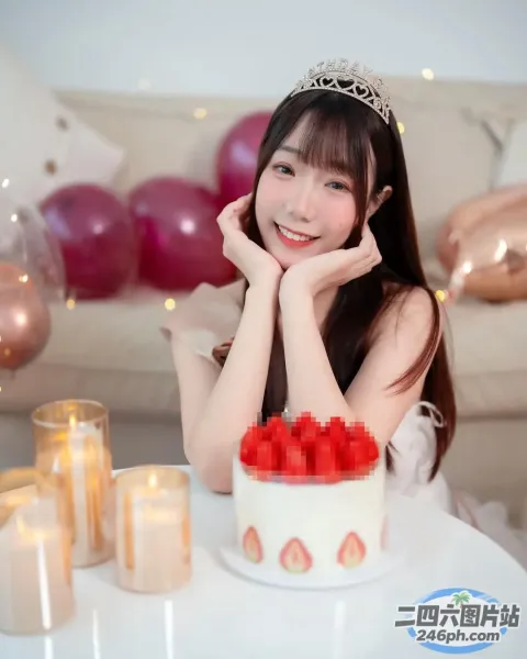 戴着头饰坐在蛋糕前的 araffe 女人