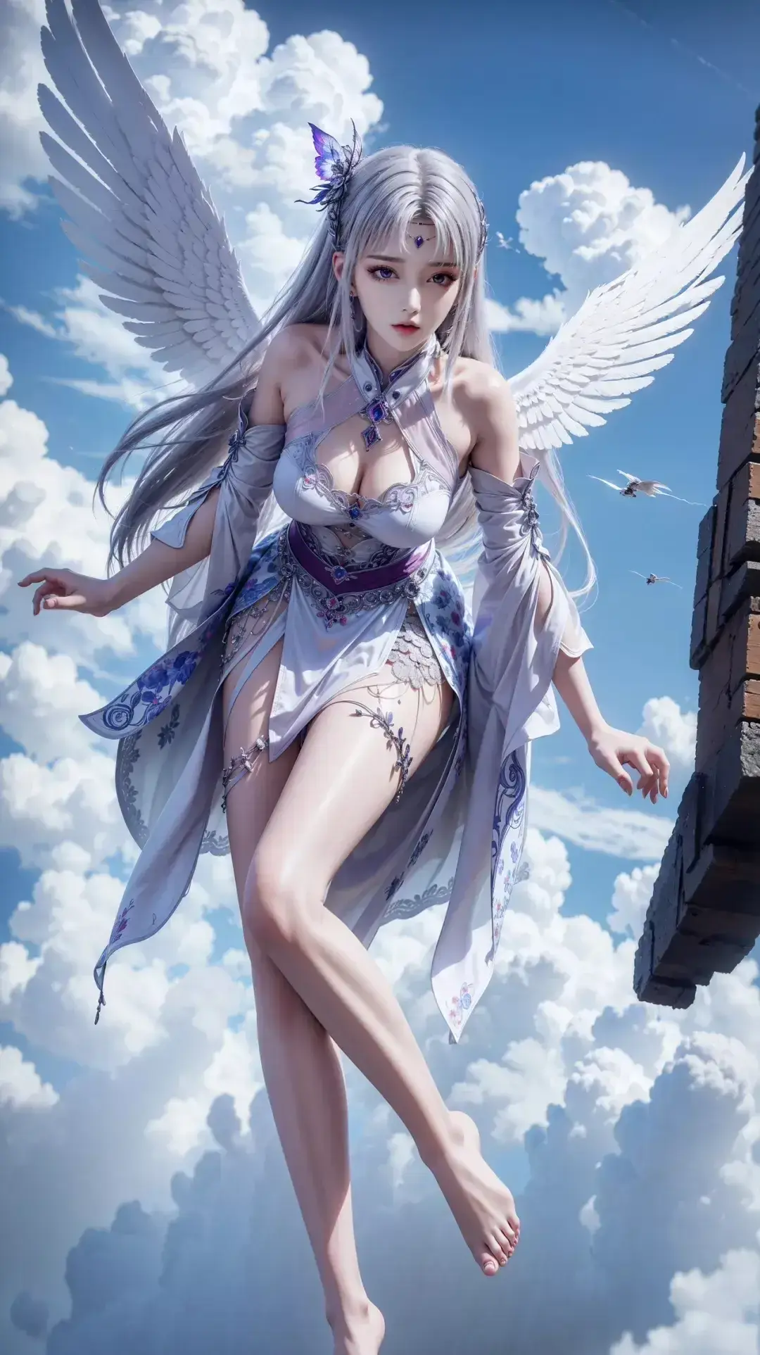 天使翅膀在天空中飞翔的动漫女孩