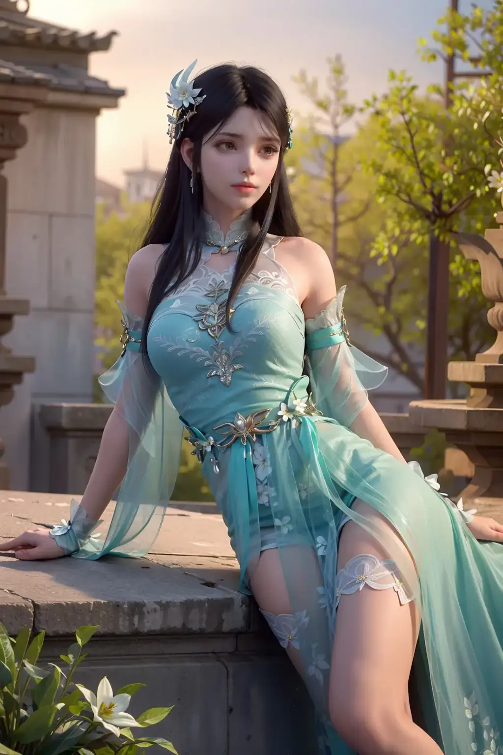 坐在墙上的蓝色连衣裙的 Arafed 女人