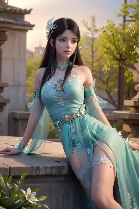 坐在墙上的蓝色连衣裙的 Arafed 女人