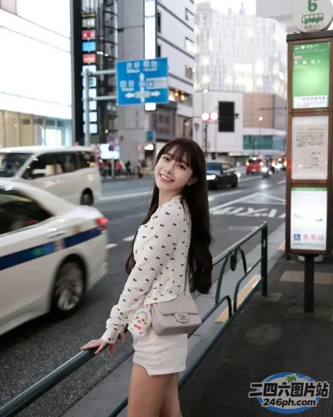 阿拉菲女子站在城市的人行道上，有一辆车