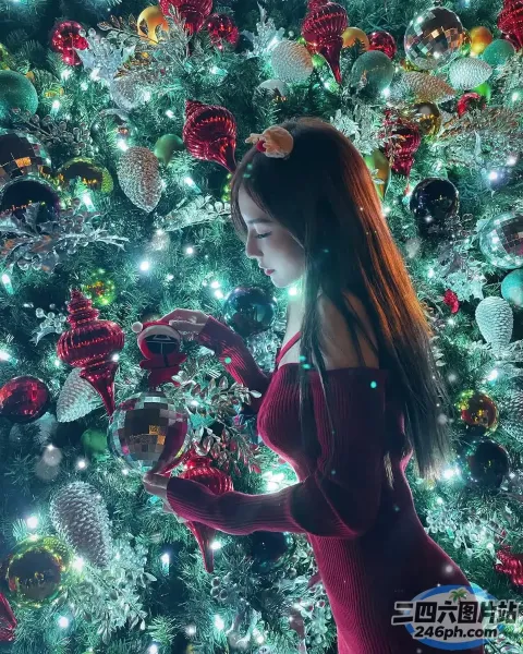 站在圣诞树前的红裙子阿拉伯女人