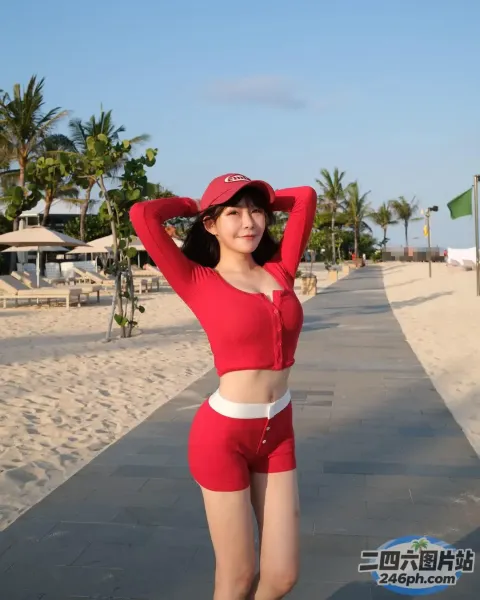 身穿红色运动服的女子戴着帽子在海滩上摆姿势