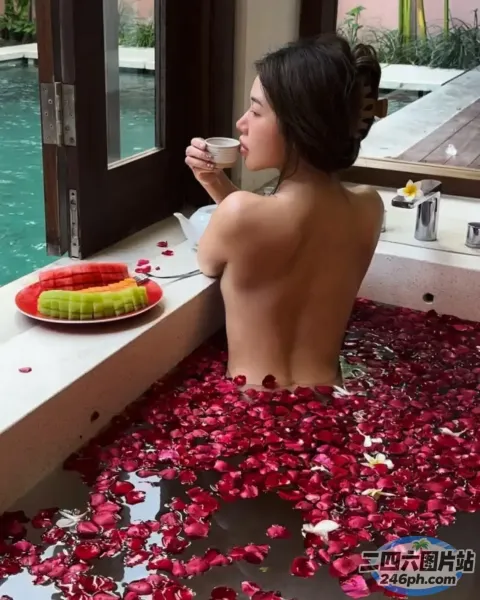 有个女人坐在浴缸里，手里拿着一碗水果