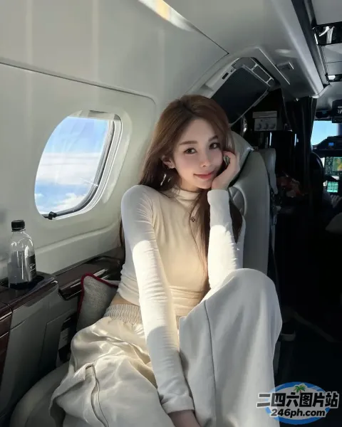 阿拉费德女人坐在私人飞机上，手里拿着手机