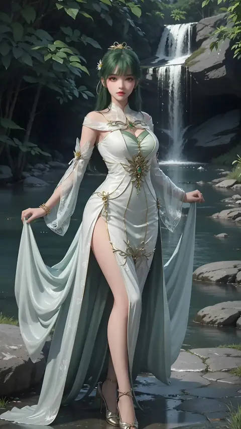 身穿白色连衣裙的阿拉夫德女子站在瀑布前