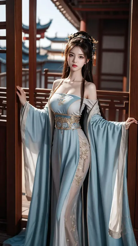 身穿蓝白连衣裙的 arafed 女子合影留念