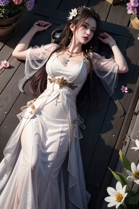穿着白色连衣裙的阿拉夫德女人躺在木甲板上