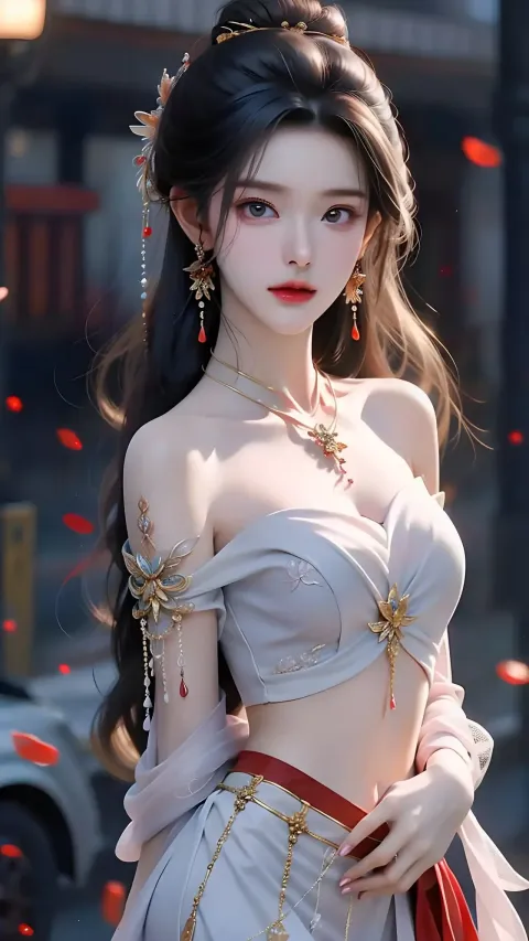 一个穿着红色腰带连衣裙的女人的特写