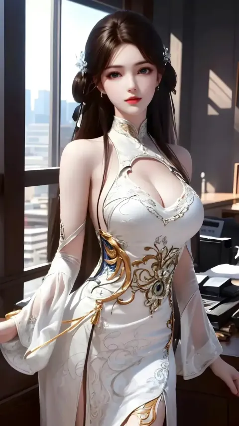一个穿着白色连衣裙摆姿势拍照的女人的特写