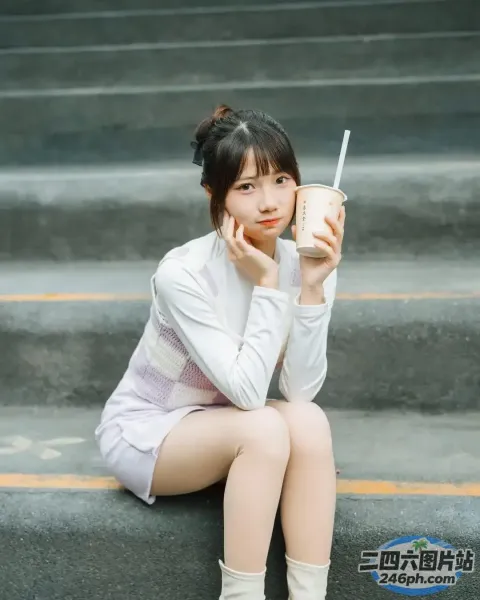 台阶上坐着一个女人，手里拿着饮料