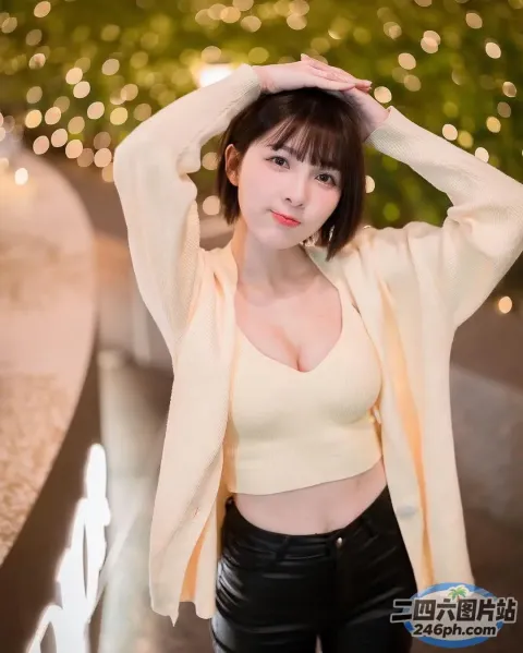 一个穿着白色上衣和黑色裤子的女人的特写