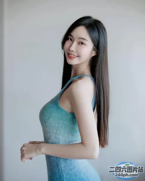 一名身穿蓝色连衣裙的女子合影留念