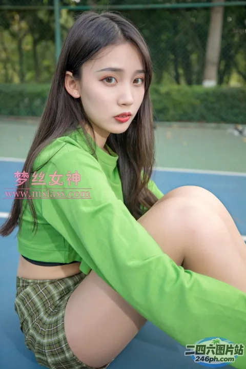 一个女人拿着球拍坐在网球场上的特写