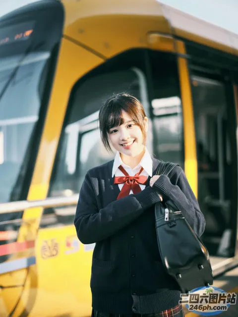 身穿校服的阿拉夫德亚裔妇女站在一辆黄色公交车前