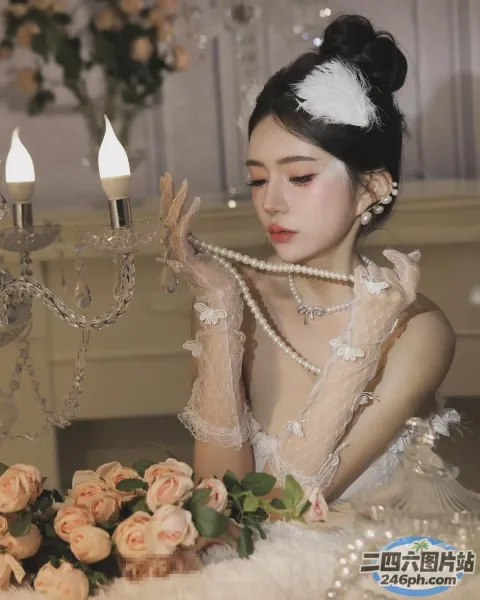 有一位女士坐在桌旁，桌上拿着蜡烛和鲜花