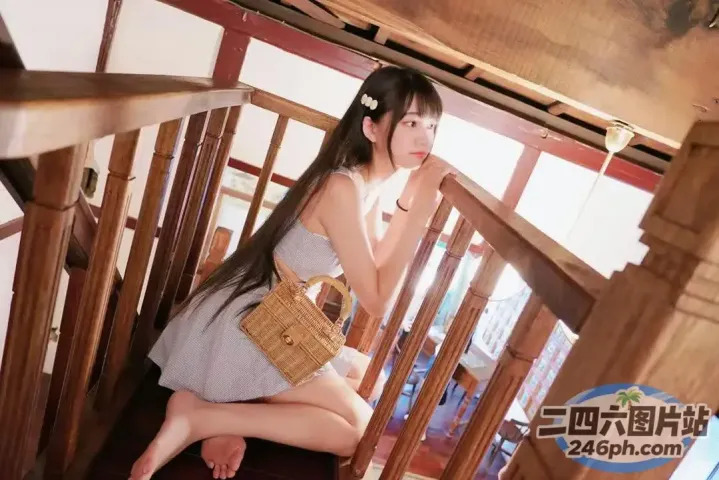 阿拉夫德亚洲妇女拿着篮子袋坐在木制楼梯上