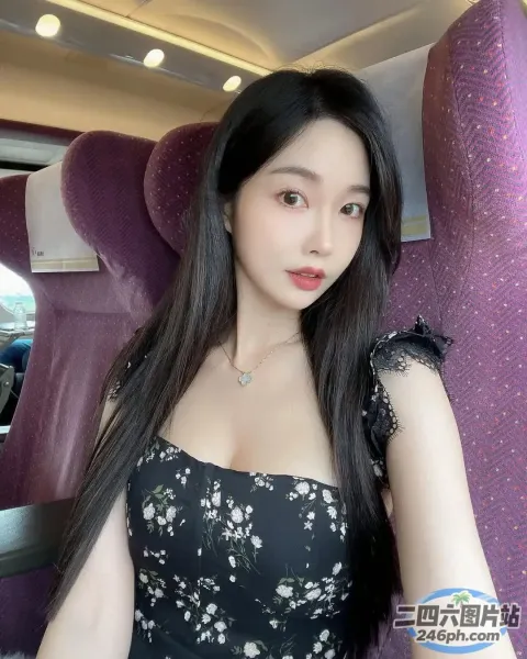 阿拉伯裔亚洲女子，穿着黑色连衣裙坐在火车座位上