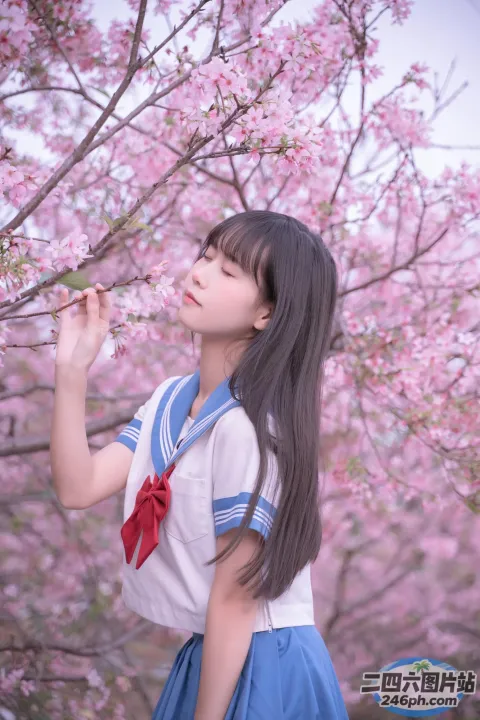有一个穿着水手服的女孩站在一棵树前