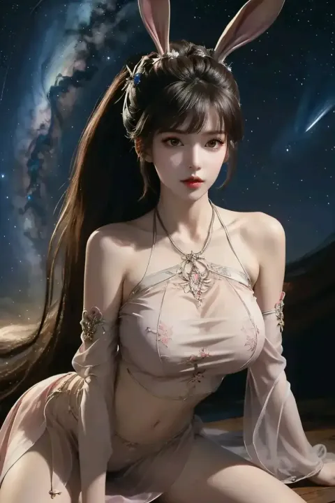 一个戴着兔子耳朵的女人正在摆姿势拍照