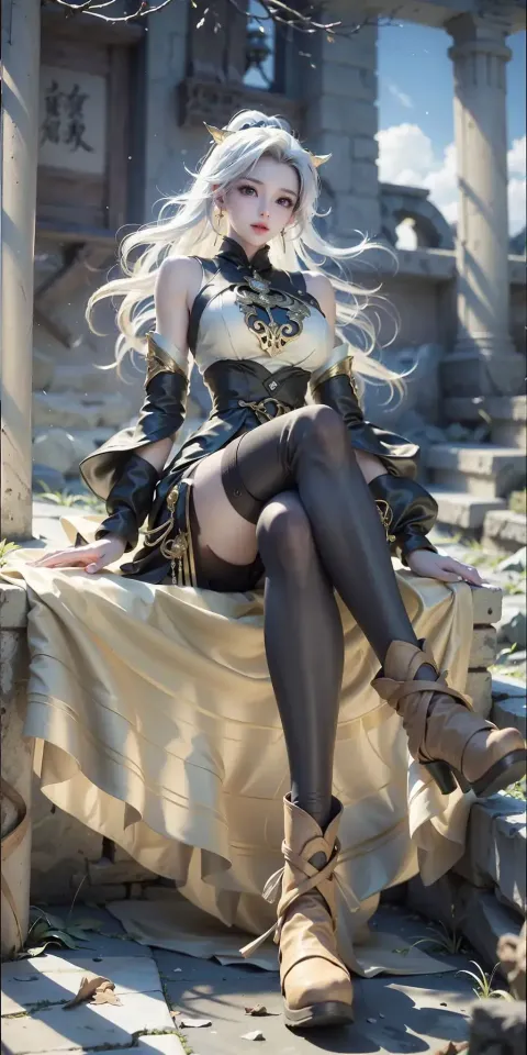 坐在长凳上的穿着cosplay装的女人