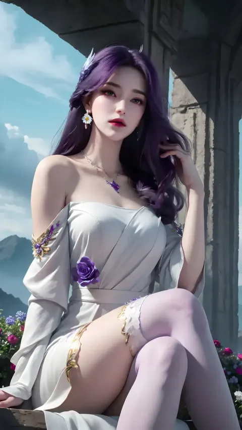 紫色头发和紫色丝袜坐在壁架上的阿拉夫女人