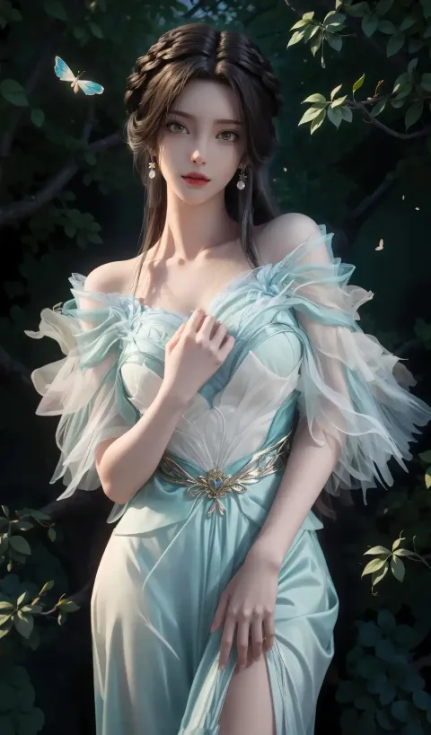 一个穿着裙子的女人摆姿势拍照的特写