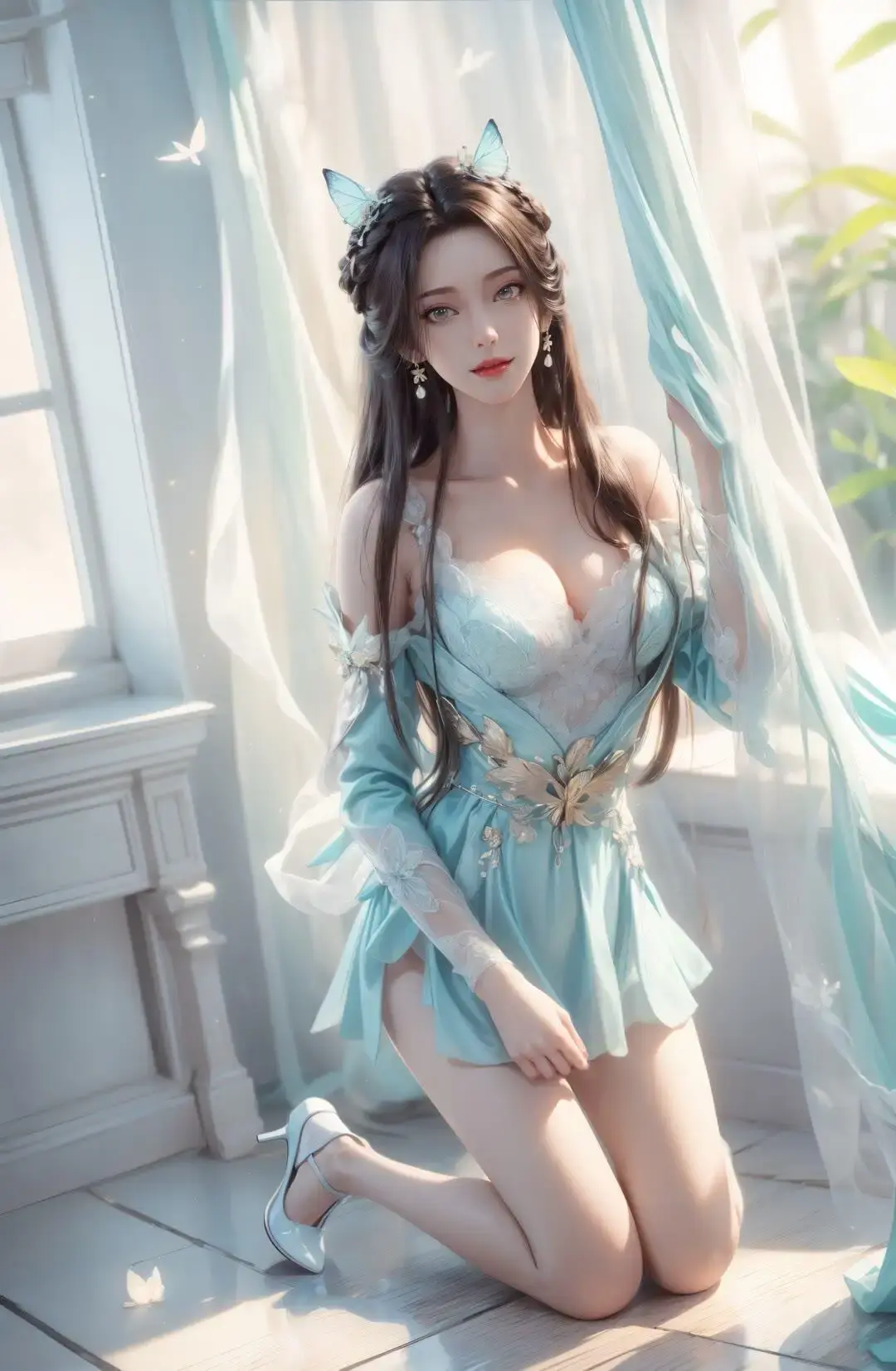 身穿蓝色连衣裙的阿拉夫女人摆姿势拍照