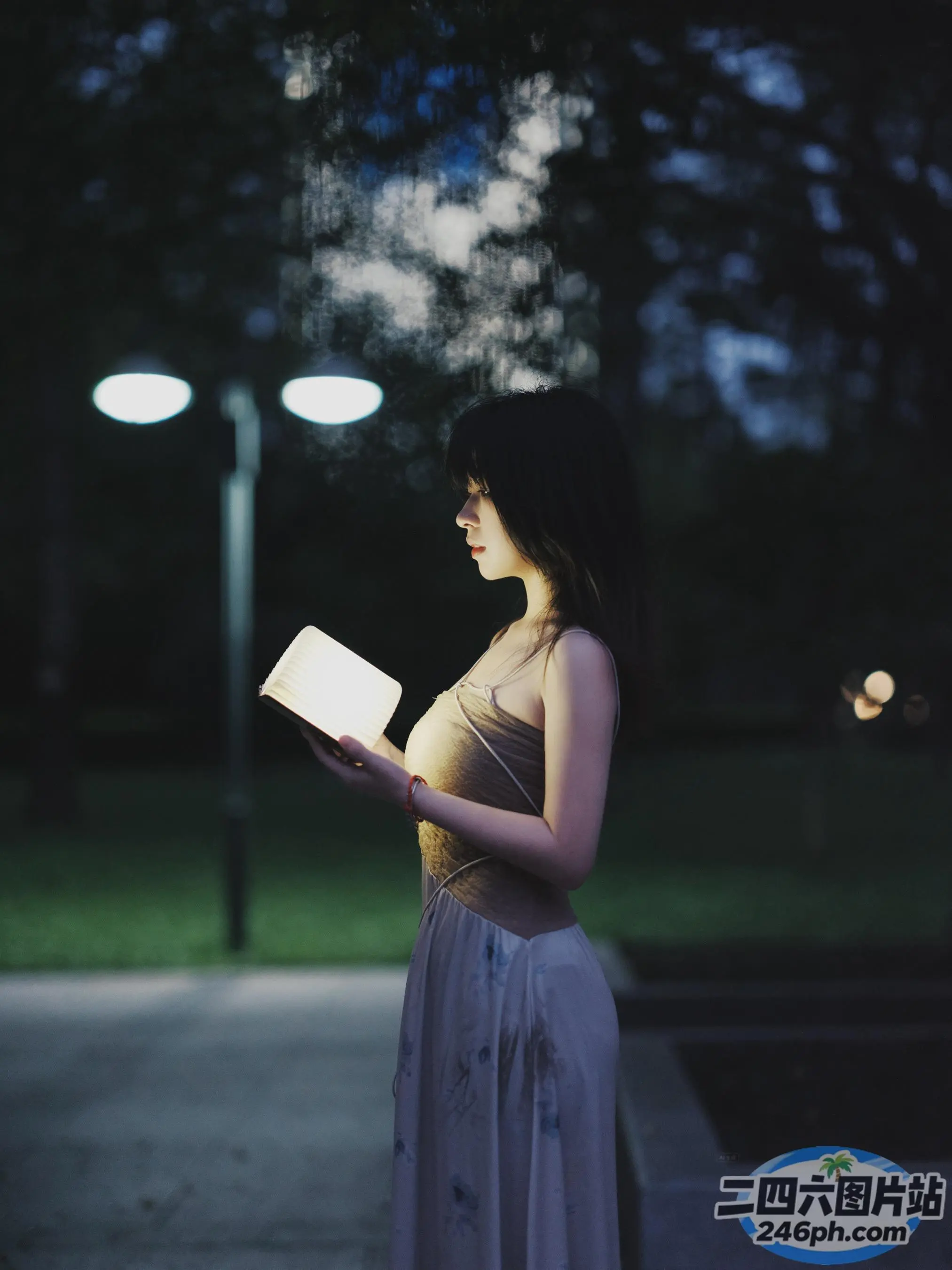 阿拉夫德女人晚上在公园里看书