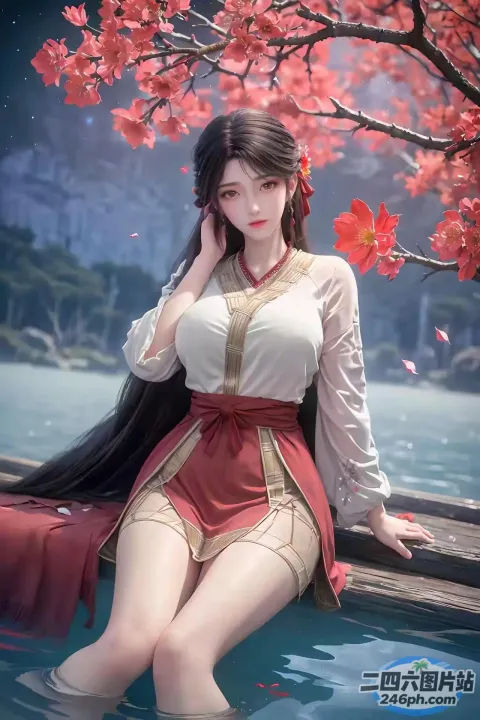 动漫女孩坐在码头上，头发上插着一朵红花