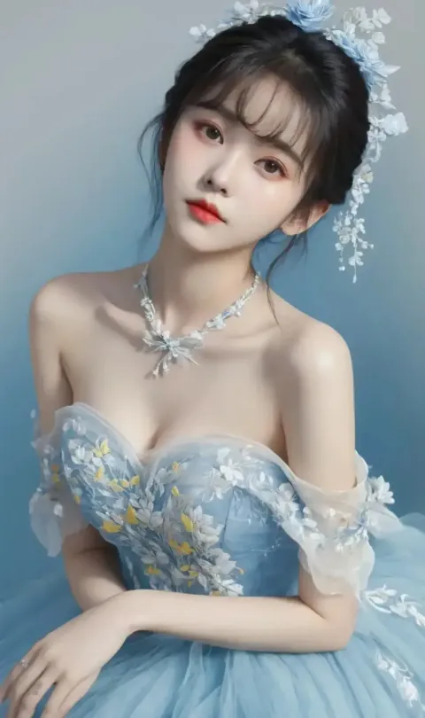 一个身穿蓝色连衣裙、头上戴着鲜花的女人