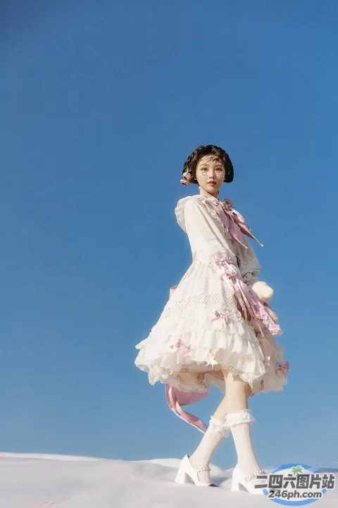 有一个穿着裙子和帽子的女人在雪地里行走