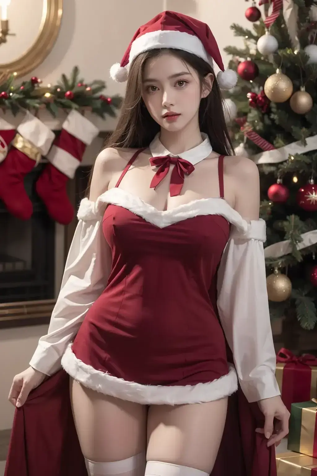 穿着圣诞老人服装的性感亚洲女人在圣诞树前摆姿势