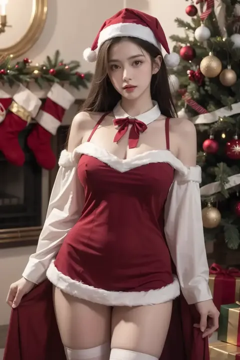 穿着圣诞老人服装的性感亚洲女人在圣诞树前摆姿势