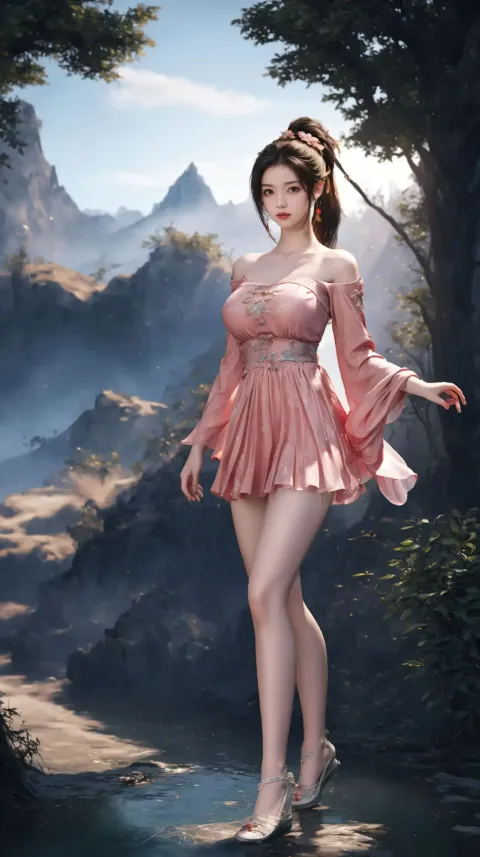 有一位身穿粉色连衣裙的女子站在溪流中