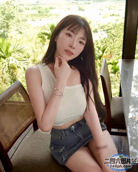 一位身穿白色上衣和牛仔短裤的女士坐在椅子上