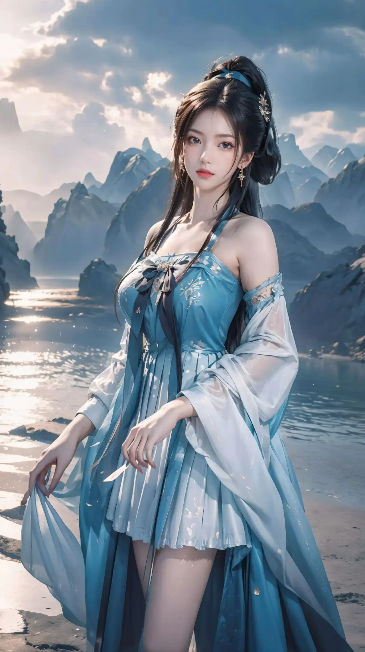 一个身穿蓝色连衣裙的女人站在水边的海滩上