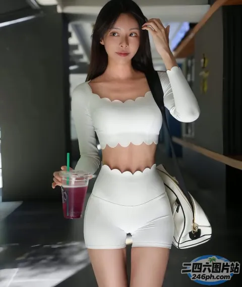 身穿白色服装的 araffe 女子，手里拿着饮料和钱包