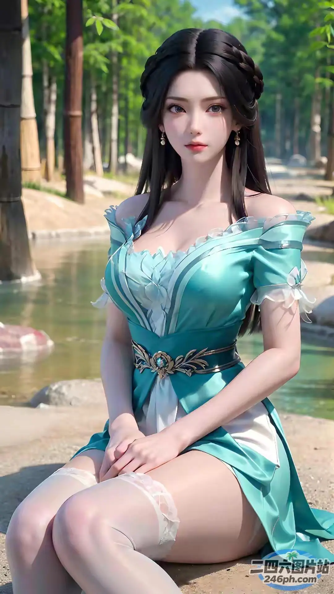 身穿蓝色连衣裙的阿拉夫女人坐在河边的岩石上