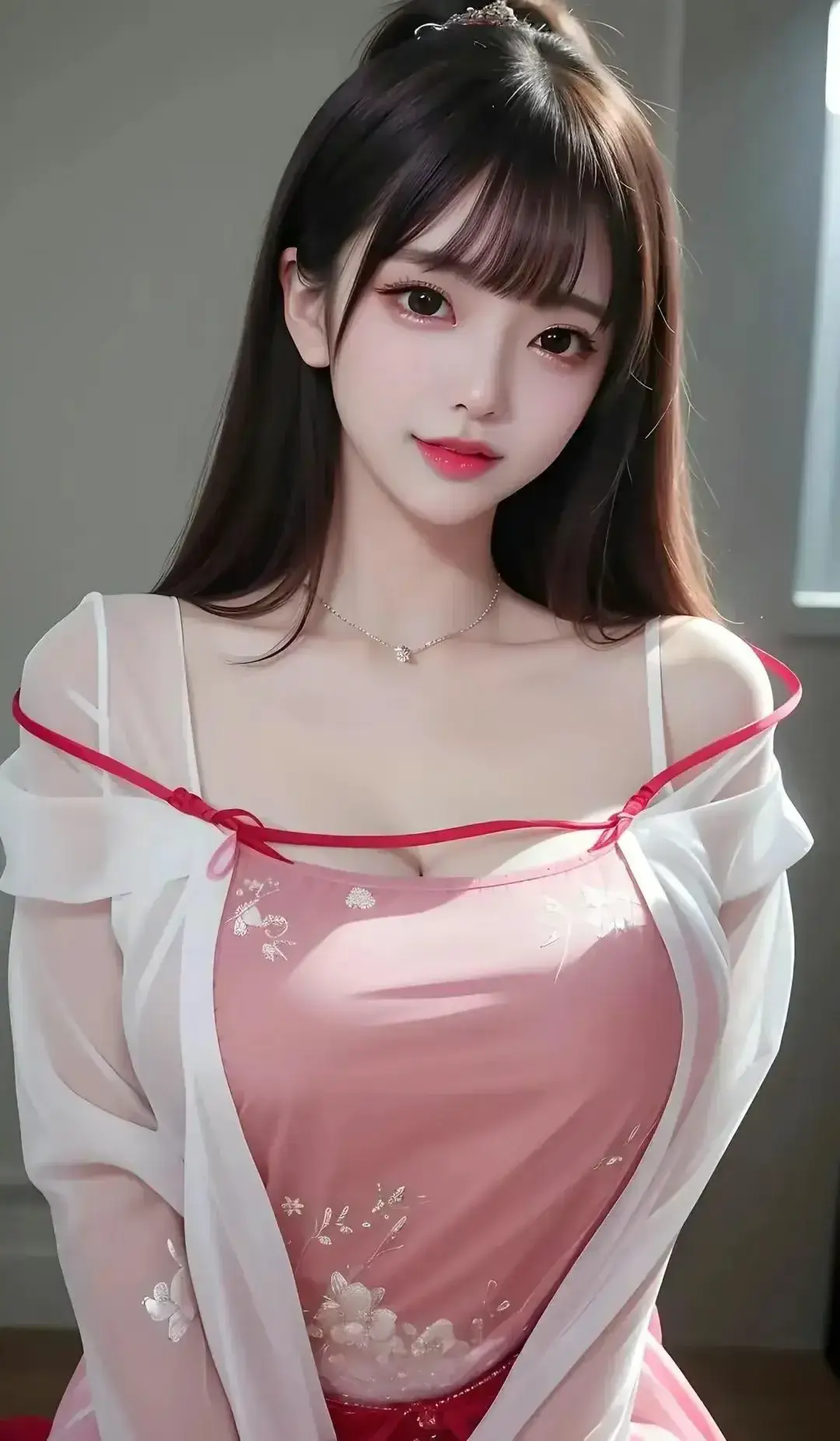 一个穿着粉红色连衣裙摆姿势拍照的女人的特写