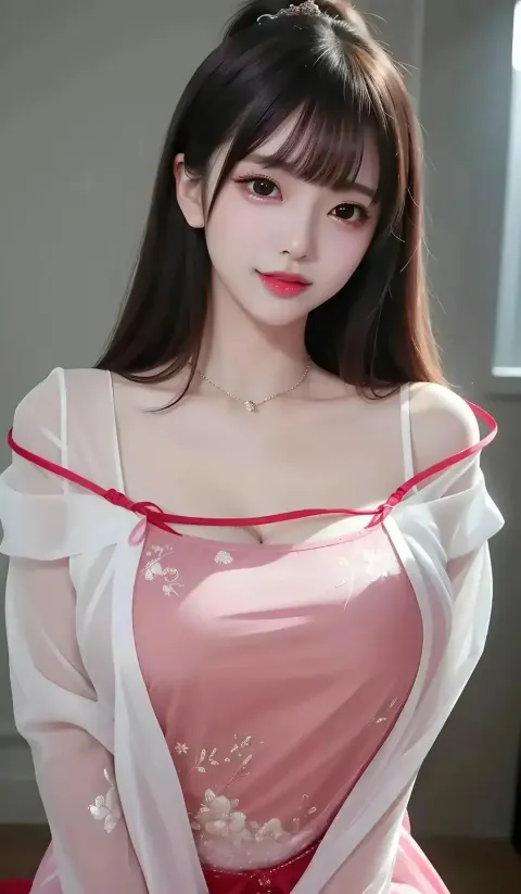 一个穿着粉红色连衣裙摆姿势拍照的女人的特写
