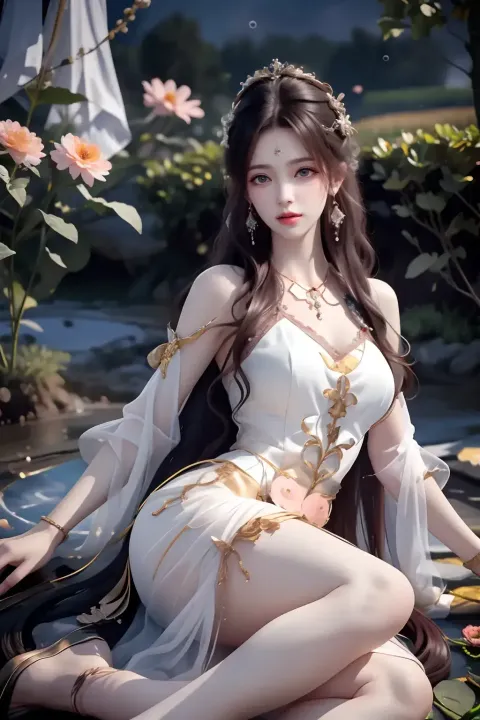 一个穿着白色连衣裙的女人坐在床上的特写