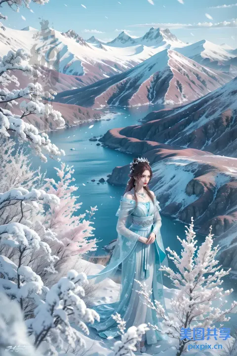 身穿蓝色连衣裙的阿拉夫德女子站在雪山上