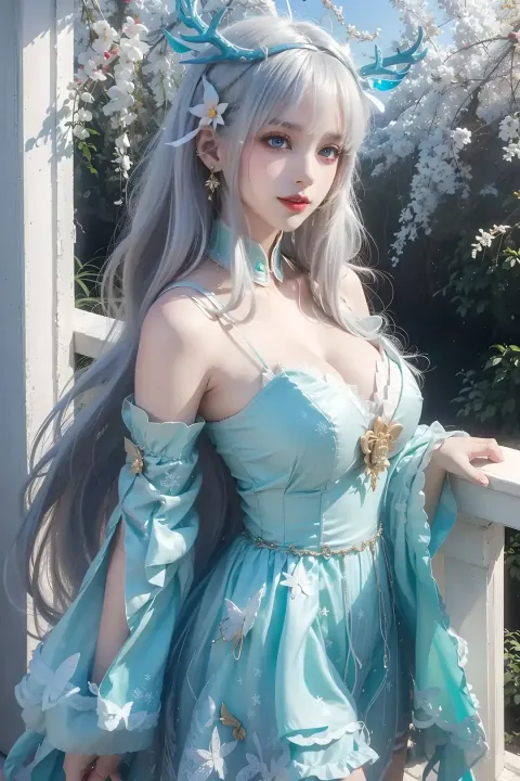 一个穿着蓝色连衣裙的女人的特写