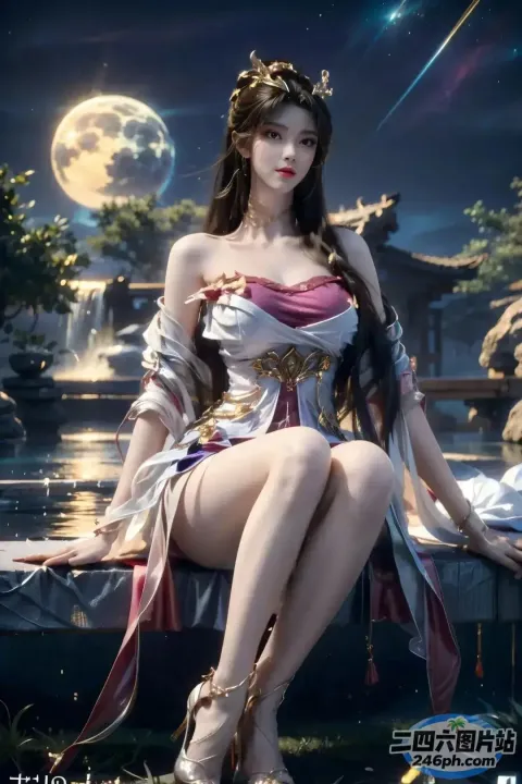 一个穿着裙子的女人坐在长凳上，背景是满月