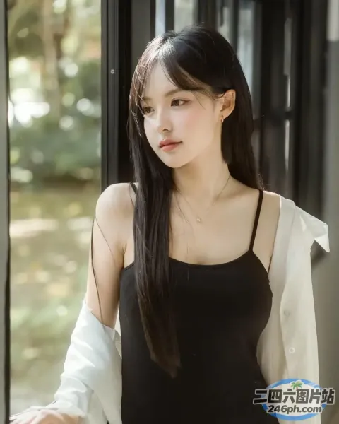 一个穿着黑色上衣和白色衬衫的女人站在窗边
