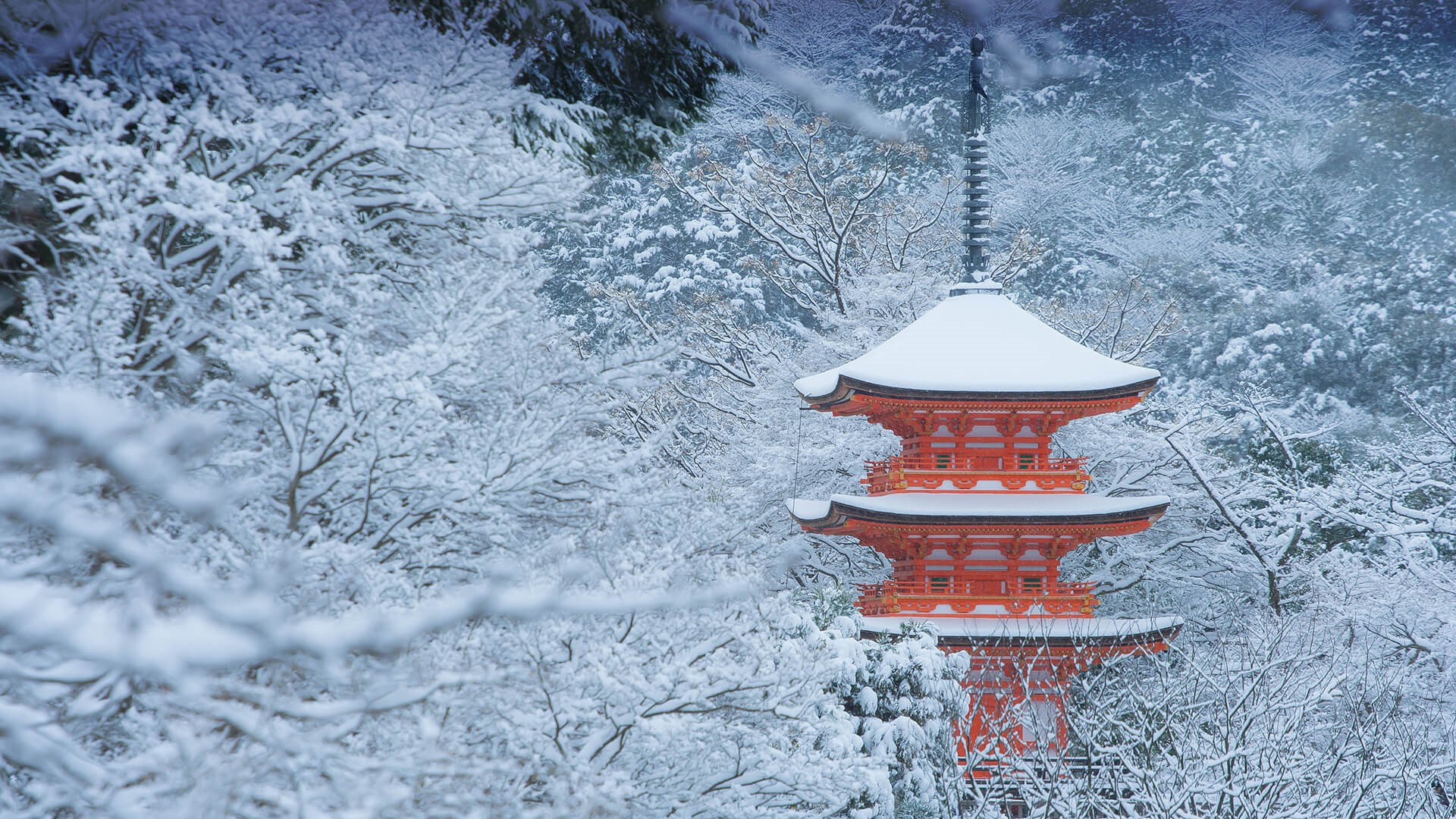 白雪皑皑的森林中有一座红色的宝塔