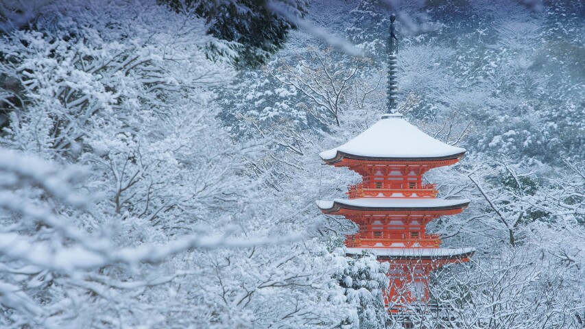 白雪皑皑的森林中有一座红色的宝塔