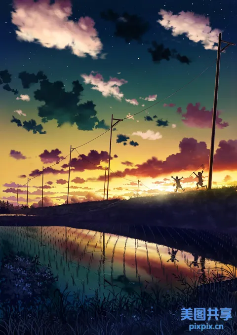 一男一女在空中跳跃的动漫场景