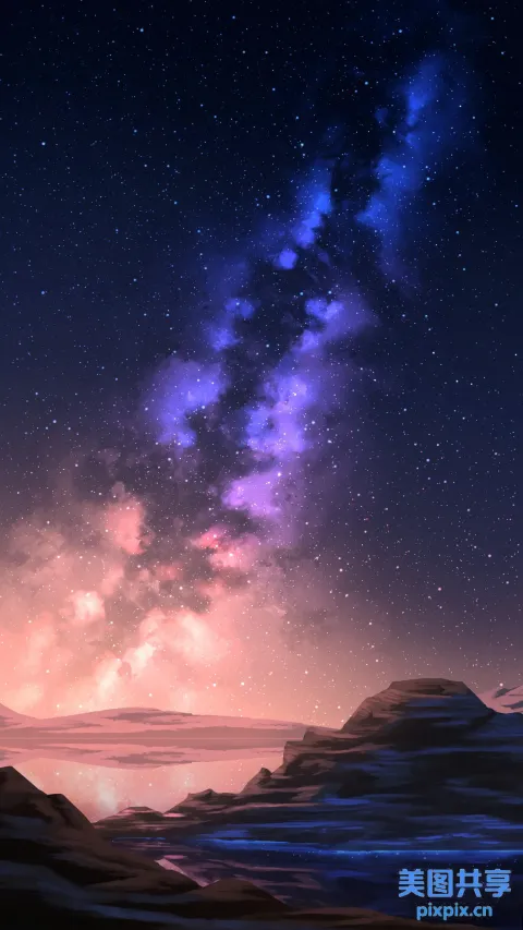 前景是山和湖的繁星点点的夜空